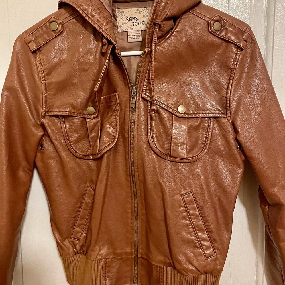 Brown faux leather hooded jacket, size medium, perfect for fall!